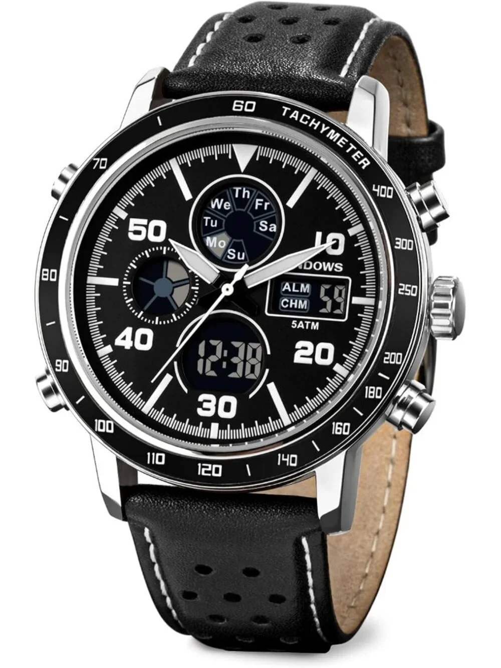 Men's All Black Analog Leather Waterproof Military Multifunctional Digital Watch